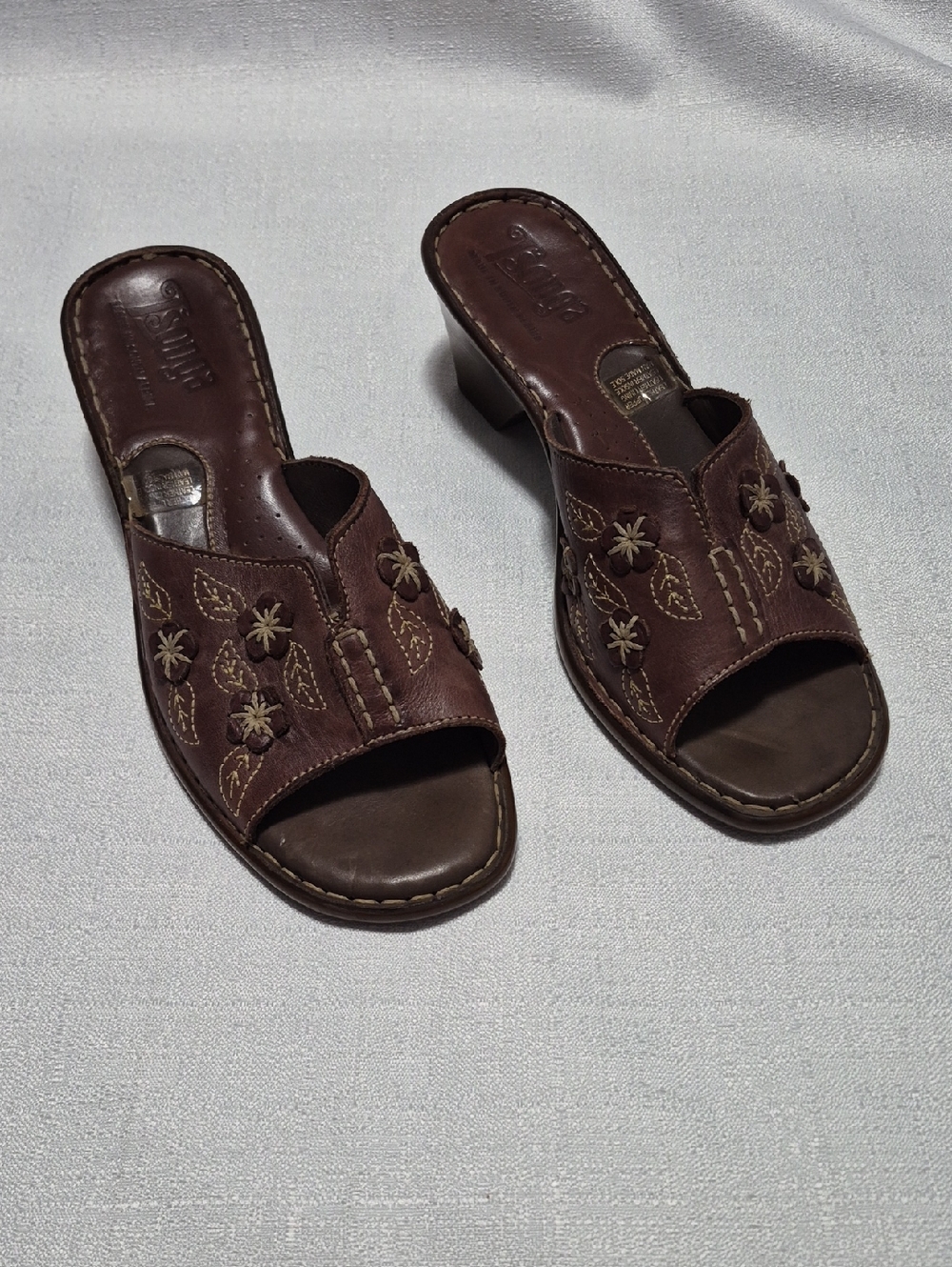 Tsonga Women's Brown Leather Embroidered Slide Sandal Heels Size 8